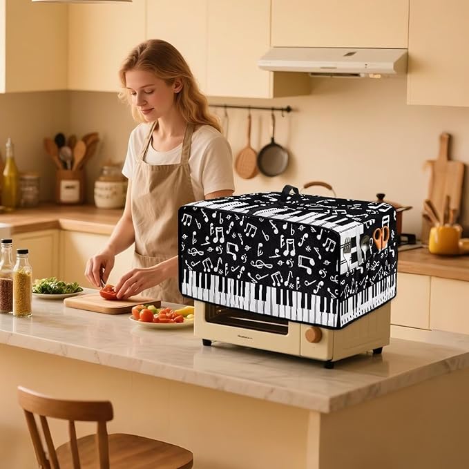 Piano Musical Notes Print Toaster Oven Dust-proof Cover, Heat-resistant Anti Fingerprint Microwave Oven Dust Cover, Kitchen Counter Accessory (Medium-16.1 * 19.71 * 10 inches)