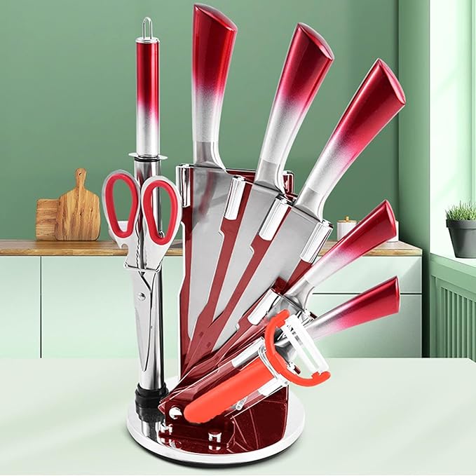 Kitchen Knife Set, 9-Piece Blue Professional Kitchen Knives Set with Acrylic Block, Non Stick Sharp Stainless Steel Chef Knife Set with Sharpener for Cutting Kitchen Gifts for Women