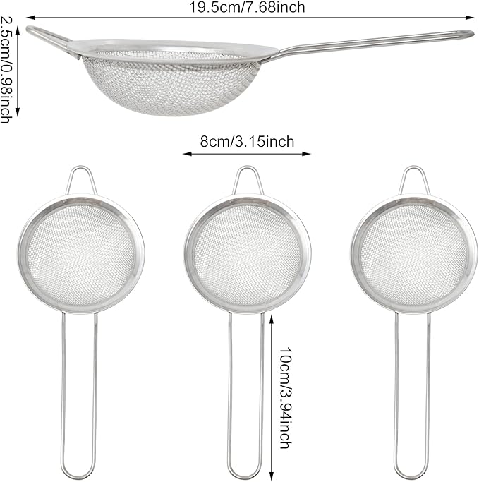 Honbay 4PCS 3.15 Inch Small Tea Strainers Mini Cocktail Strainer Stainless Steel Fine Mesh Strainer Colander Bar Strainer Tool Food Flour Egg White Loose Tea Strainer with Handle