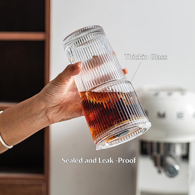 INSETLAN 8-Piece Glassware Set – 20 oz Ribbed Glass Tumblers with Lids and Glass Straws, Heavy-Duty Tumblers, Ideal for Iced Coffee, Smoothies, Cocktails, and Juices – Elegant and Durable Drinkware