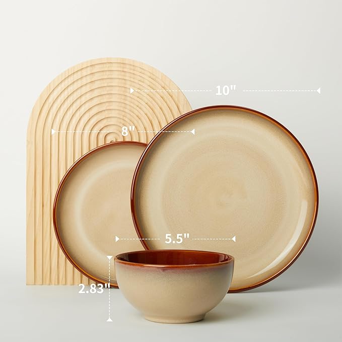 Pokini Stoneware Dinnerware Sets, Ceramic Plates and Bowls Set, Microwave & Dishwasher Safe Kitchen Dish Set, Modern Dinner Salad Plates | Cereal Bowls for 4, Dishware Sets Brown Yellow