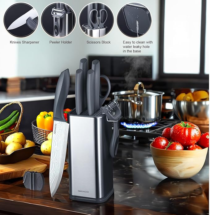 RAXCO 10-Piece Kitchen Knife Set | Stainless Steel Holder | Compact Design - Gray
