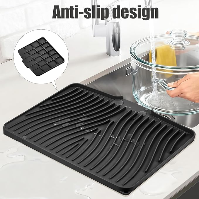 TIKNIK Silicone Dish Drying Mat, Stone Drying Mat for Kitchen Counter with Built-In Drain, Non-Slip Drain Pad with Built-in Drain, Heat Resistant Stone Drying Mat, Hangable, Black-1pc, 16" x 12"