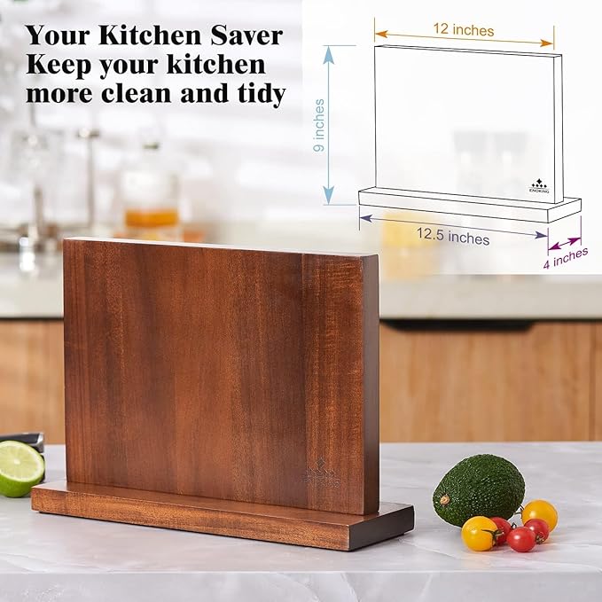 Magnetic Knife Block, Universal Knife Holder Stand with Strong Enhanced Magnets for Safe and Multifunctional Knife Storage, 12.5-In Acacia Wood Knife Holder for Home Kitchen