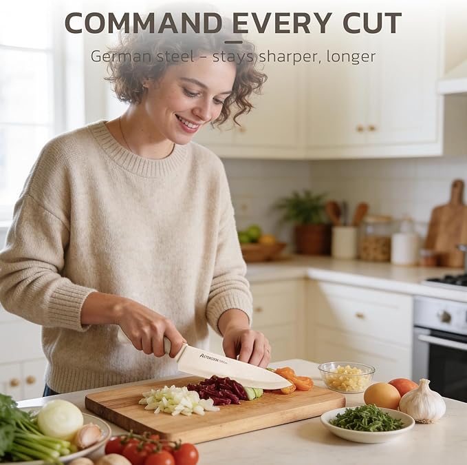 Astercook Knife Set, 15 Pieces Kitchen Knife Set with Sharpener Block, German Stainless Steel Knives Set with Anti-Rust Coating, Dishwasher Safe Elegant Cream White Knife Block Sets, Valentine's Gift