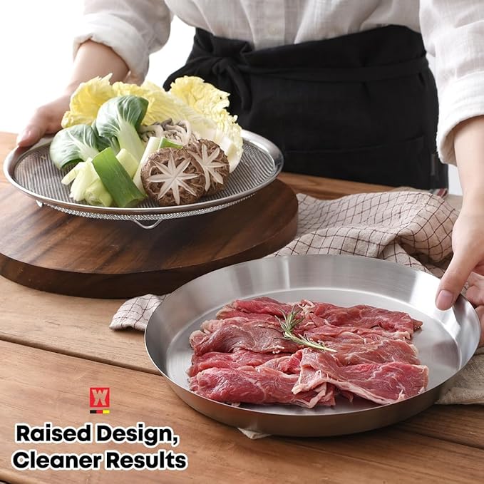 WAGENSTEIGER Stainless Steel Mesh Tray Set with Drip Pan, Air Fryer Basket and Tray, Kitchen Colander, Vegetable and Fruit Strainer, Food Filter, BBQ Prep Tool, Fruit Serving Dishes (9.84 inch)