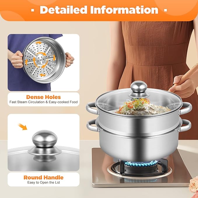 5-Tier Stainless Steel Steamer, 10.2 Inch Commercial Multi Tier Stainless Steel Cookware Pot Vegetable Meat Steamer Cooker Set w/Glass Lid for Steaming Shrimp & Miscellaneous Grains