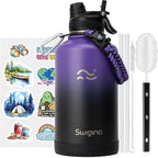Swigina [2-IN-1 LID] 64 oz Insulated Water Bottle with Silicone Boot (48hrs Cold/24hrs Hot) - DIY Stickers, Leakproof, BPA Free, Half Gallon