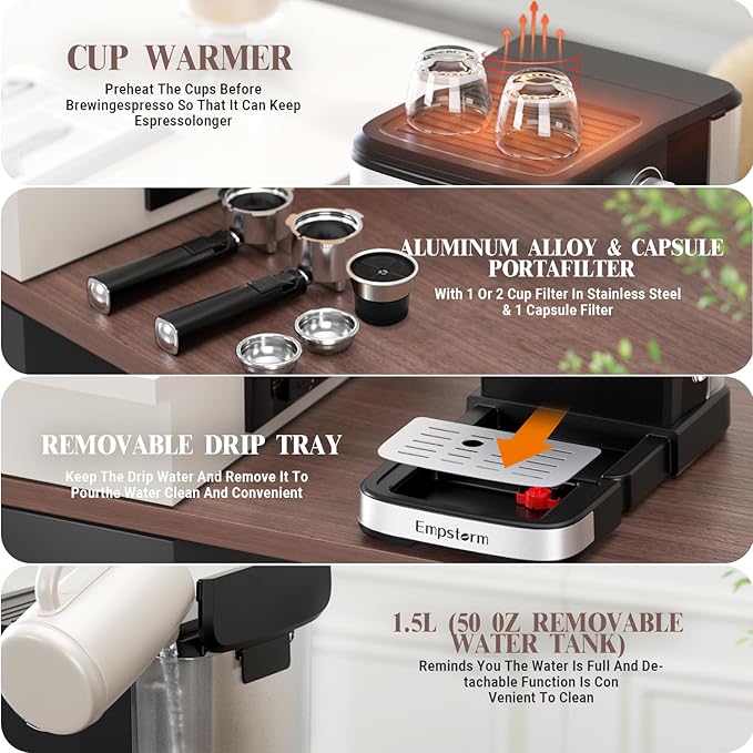 Espresso Machine 20 Bar, 2 in 1 Espresso Maker with Milk Frother Steam Wand for Latte and Cappuccino, Powder and Capsule Portafilter, 50oz Removable Water Tank expresso Coffee Machine for Home-Silver