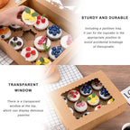 Hoewina 6PCS Cupcake Boxes - Hold 12 Count Cupcake Containers with Window, Food Grade Cupcake Holder Easy Transport and Presentation - Ideal for Cupcakes, Desserts, and More (Brown)