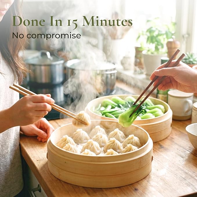 HAPPI STUDIO Bamboo Steamer Basket 10 Inch - 2 Tier Dumpling Steamer for Cooking Dim Sum Bao Buns Momo Rice Vegetables - Chinese Basket for Dumplings with Lid - Japanese Steam Baskets