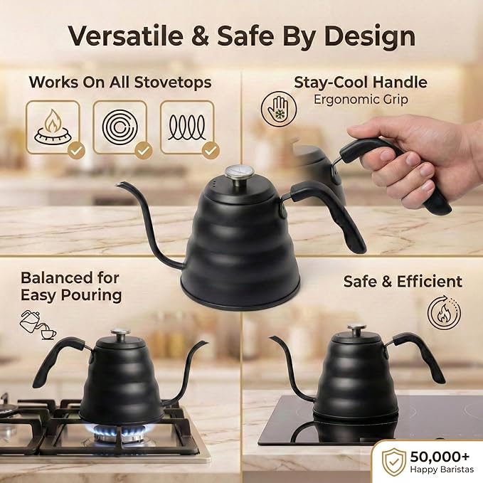Barista Warrior Gooseneck Kettle with Thermometer - 1.2L Pour Over Coffee & Tea Kettle, 18/8 Matte Black Gooseneck Kettle Pot, Precision Pour Drip Spout, Suitable for All-Stoves (40 fl oz)