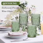 Qinyoung 24 Plastic Vintage Drinking Glasses 8.5oz Stemless Retro Embossed Wine Glasses Shatterproof Reusable Cups for Baby Shower Wedding Reception Grand Event Party (Dark Green)
