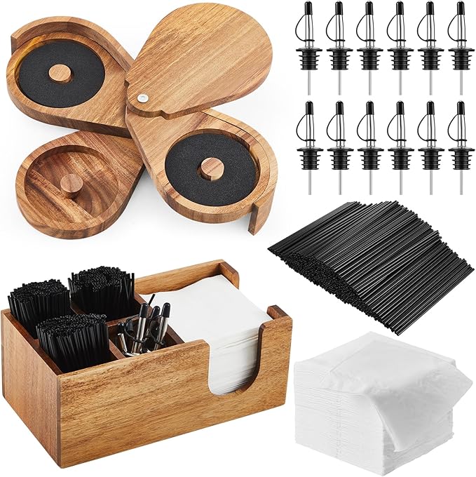 Mifoci Acacia Wood 3 Tier Bar Glass Rimmer Bartender Tool with 12 Pcs Stainless Steel Classic Bottle Pourers, Bar Caddy with 6 Compartment, 1000 Pcs Coffee Cocktail Stirrers, 200 Napkins