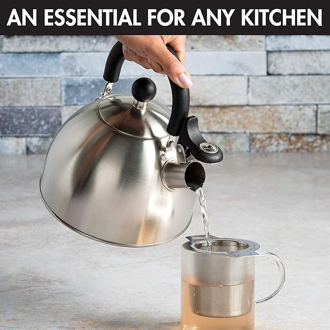Primula Stewart Whistling Stovetop Tea Kettle Food Grade Stainless Steel, Hot Water Fast to Boil, Cool Touch Folding, 1.5-Quart, Brushed with Black Handle (Pack of 4)