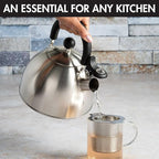 Primula Stewart Whistling Stovetop Tea Kettle Food Grade Stainless Steel, Hot Water Fast to Boil, Cool Touch Folding, 1.5-Quart, Brushed with Black Handle (Pack of 4)