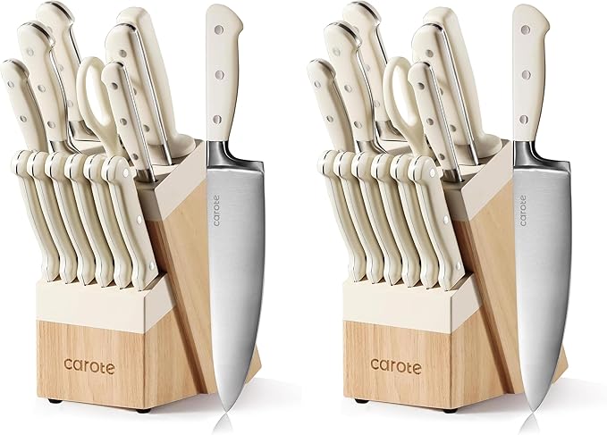 CAROTE 14 Pieces Knife Set with Block, Forged, High Carbon Stainless Steel Sharp Blade Block Knife Set, Dishwasher Safe Cutlery, Cream (Pack of 2)