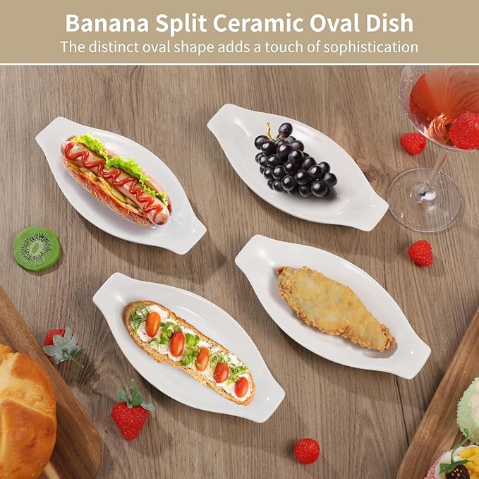 4 Piece Oval Au Gratin Baking Dishes Set, 8 X 4 In Ceramic Banana Split Boats, Oven & Microwave Compatible Mini Casseroles With Handles