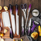 Purple Professional 9-Piece Kitchen Knife Set with Acrylic Block - Non Stick Sharp Stainless Steel Chef Knives with Sharpener,Gift for Home Kitchen Women