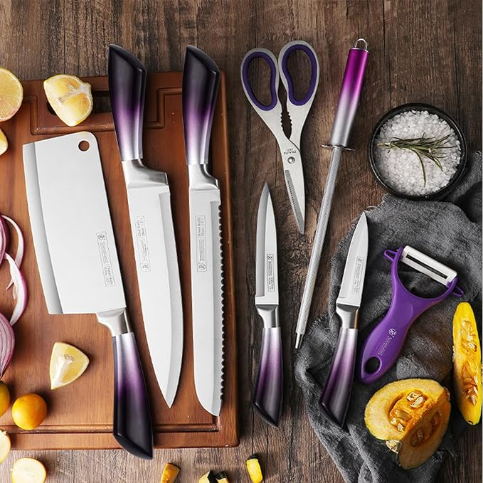 Purple Professional 9-Piece Kitchen Knife Set with Acrylic Block - Non Stick Sharp Stainless Steel Chef Knives with Sharpener,Gift for Home Kitchen Women