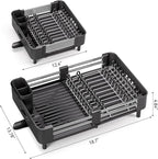 Urackify Stainless Steel Dish Drying Rack - Dish Drainer for Kitchen Counter, Extendable Drainboard with Foldable, Space-Saving Cup & Bowl Organizer, Includes Knife and Utensil Holder, Black