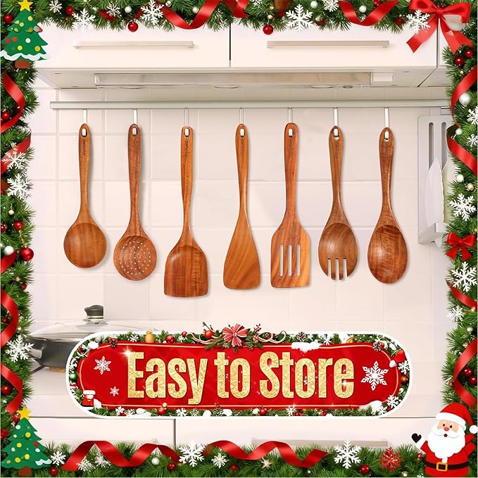 Mooues Wooden Spoons for Cooking, Wooden Utensils for Cooking Natural Teak Wooden Kitchen Utensils Set Comfort Grip(9 PCS Xmas Gift)