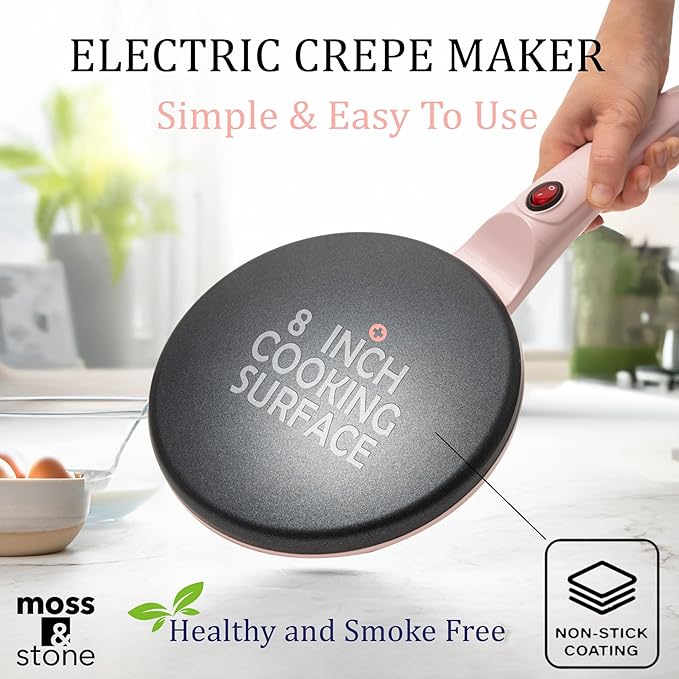Moss & Stone Pink Electric Crepe Maker 8 Inch, Portable Crepe Maker & Hot Plate Cooktop On/Off Switch, Nonstick Coating, Automatic Temperature Control, Easy To Use For Pancakes, Blintz