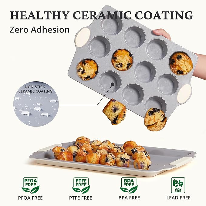 BRONYPRO 2-Pack 12 Cup and Mini 24 Cup Non Toxic Nonstick Ceramic Muffin Pan & Cupcake Tin, PFOA & PTFE Free, Heavy Duty Rust-Resistant Aluminized Steel, Oven & Dishwasher Safe, Cream White