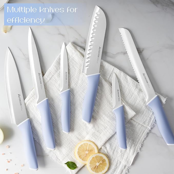 Astercook Kitchen Knife Set with Block and Sharpener 15 Piece German High Carbon Stainless Steel Knives Sharp Blade Dishwasher Safe Deba Knives with Ergonomic Handle, Delicate Blue