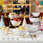 Gomakren 3 Tiered Oval Serving Bowl with Collapsible Metal Rack, Chip and Dip Serving Set, Dessert Appetizer Bowl Set (45oz / 17.5oz / 7oz), White Serving Bowls For Entertaining (Gold Stand)