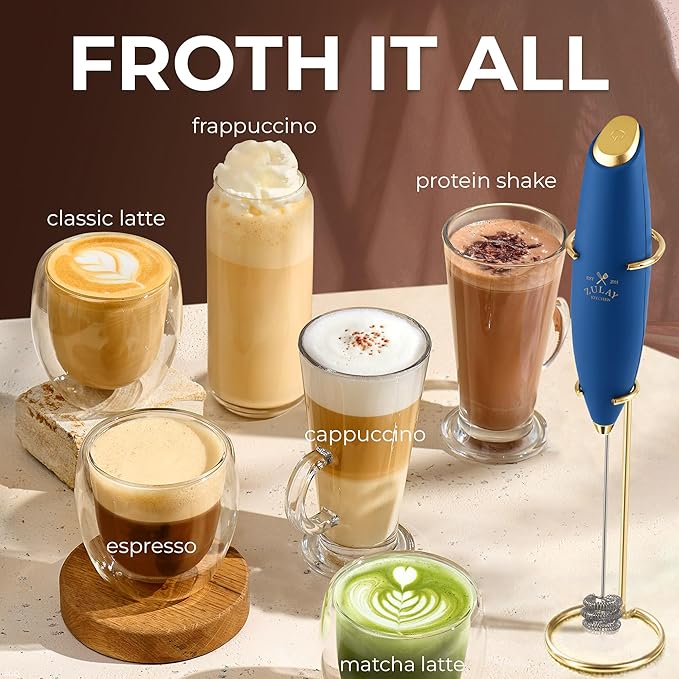 Zulay Kitchen Patented Tornado Triple Whisk Milk Frother with 4 Duracell Batteries – Handheld Foam Maker for Coffee, Lattes, Matcha & Hot Chocolate – Rich, Creamy Froth in Seconds - Navy Blue & Gold