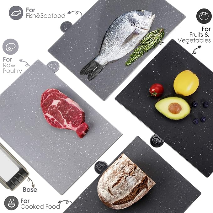 Masthome Index Chopping Board Set, 4-Pieces Plastic Cutting Boards with Food Icons and Storage Stand, BPA Free, Dishwasher Safe, Professional Chopping Board Set for Kitchen