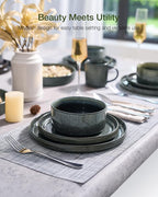 Famiware Star 18-Piece Reactive Glaze Plates and Bowls Sets, Service for 6 - Stoneware Dinnerware with Trim, Modern Rustic Dishes, Chip & Scratch Resistant, Microwave & Dishwasher Safe, Deep Forest