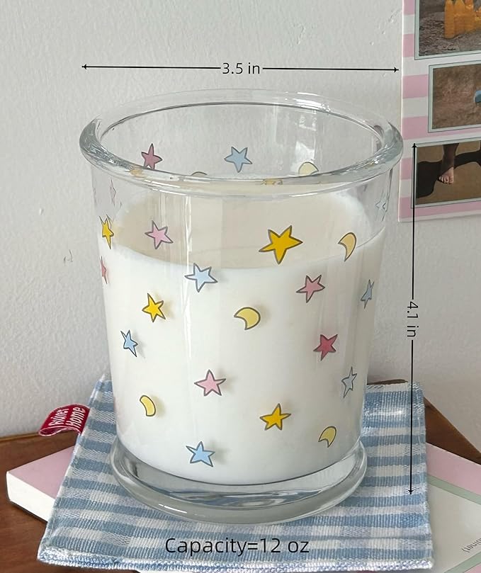 Set of 2 12 OZ Cute Drinking Glasses Star Moon Glass Coffee Cup Colorful Glass Cups for Iced Tea,Juice,Coffee,Milk,Dessert,Stackable Glassware Drinkware Set (colorful)