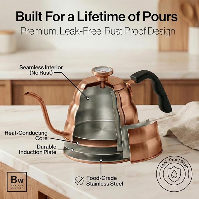 Barista Warrior Gooseneck Kettle with Built-In Thermometer for Pour Over Coffee & Tea - 1L Stainless Steel Kettle Stovetop Safe with Precision Spout - Copper Coated Stainless Steel