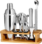 CasaCulina Cocktail Shaker Set Mixology Bartender Kit with Stand, 17 Piece Bar Tool Set: Martini Shaker, Jigger, Strainer, Mixer Spoon, Muddler, Liquor Pourers for Drink Mixing Bartending Kit(Silver)