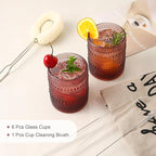 ZMOWIPDL Vintage Glassware Drinking Glasses Set of 6,12 oz Hobnail Glass Cups,Embossed Purple Water Tumbler,for Beer,Cocktail,Whiskey,Juice and Various Mixed Drinks- 1 Cleaning Brush