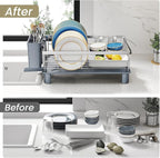 SNTD Dish Drying Rack - Small Dish Rack for Kitchen Counter, Stainless Steel Dish Drainer with Utensil Holder and Drainboard, 11" W x 15" L (Silver)