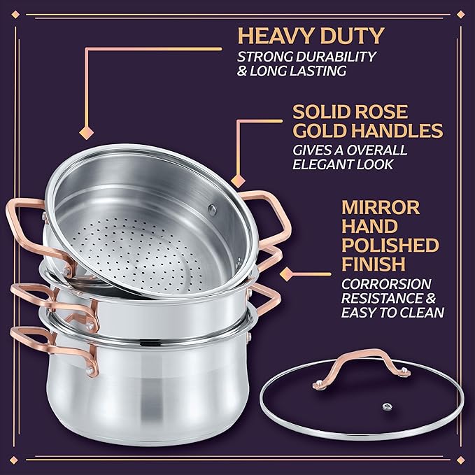 CONCORD Premium Stainless Steel 3 Tier Steamer w/Rose Gold Handles 30 cm