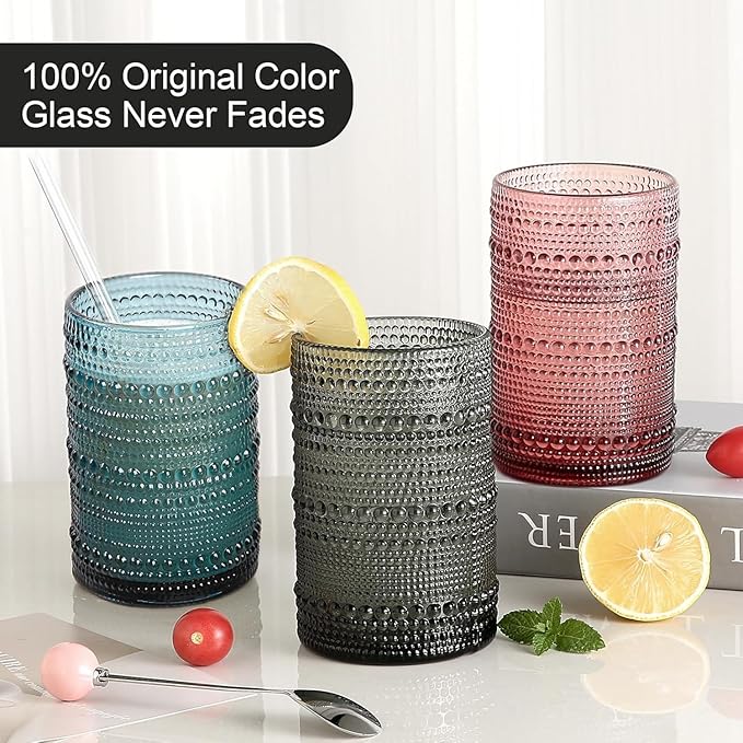KMIGRUAN 15oz Colored Hobnail Drinking Glasses Set of 6,Vintage Kitchen Glassware, Embossed Beaded Glass Cups,Water Tumbler for Cocktail,Juice and Various Mixed Drinks