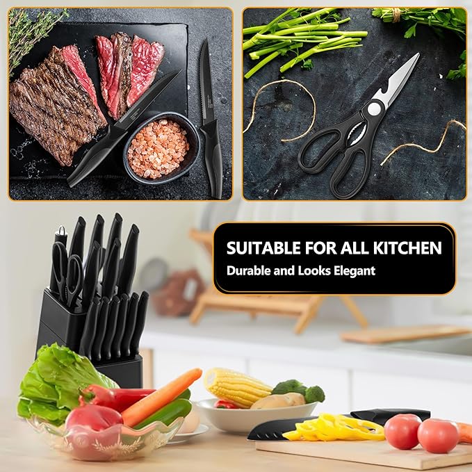 E-far Knife Set with Block, 15 Pieces Kitchen Knife Block Set with Sharpener, High Carbon Stainless Steel Sharp Chef Knife Set with Ergonomic Handles, Anti Rust, Black