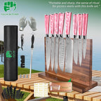 FULLHI 15pcs Japanese Knife Set with Magnetic Knife Block Holder, Stainless Steel Blades, Pink Resin Ergonomic Handles for Professional and Home Cooking