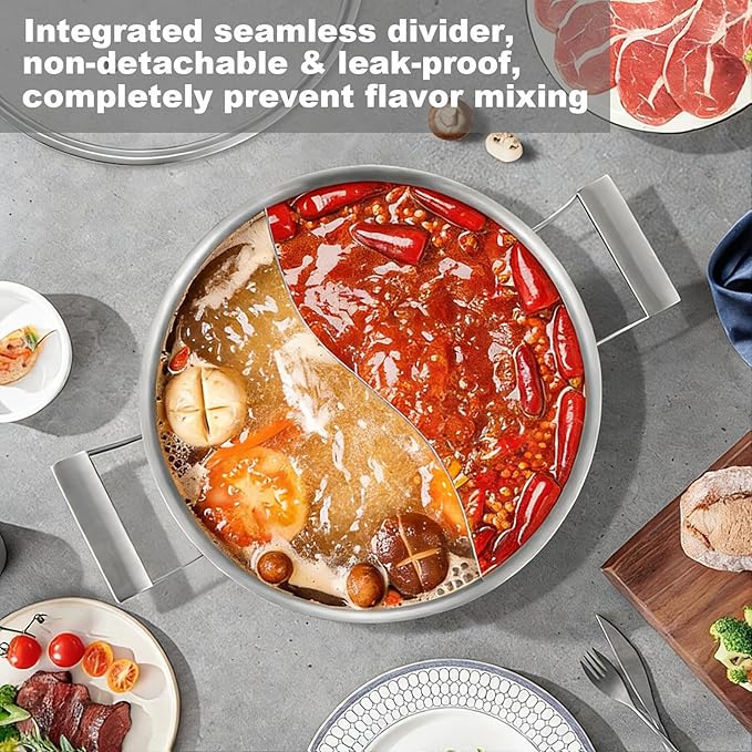 Delarlo 6.8QT Tri-Ply Stainless Steel Double-flavor Shabu Shabu Pot 12 inch Everyday Pan with Lid, Kitchen Induction,Cooking Hot Pot, Oven Safe Stock Pot, Up to 600℉