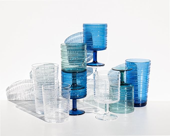 Beaded 16 oz Durable Acrylic Jumbo Drinking Glasses, Shatter-Resistant and Dishwasher-Safe Indoor/Outdoor Drinkware for Water, Iced Tea, Juice, and Cocktails - Sea Green - Set of 6