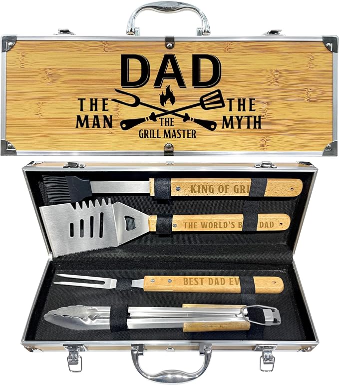 Dad Gifts from Daughter Fathers Day Heavy Duty Wooden BBQ Grilling Accessories Kit for Backyard, Thick Stainless Steel Grill Utensils with Non-Slip Handle Tools in Portable Bag Birthday