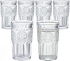 Kingrol Embossed Vintage Drinking Glasses Set of 6, 12 oz Textured Glass Tumblers, Clear Retro Water Glasses for Iced Coffee, Juice, Cocktails & Everyday Use