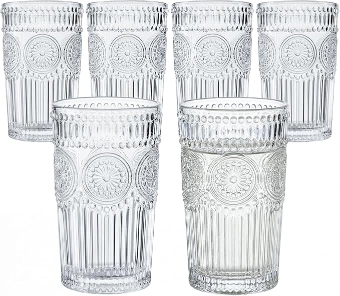 Kingrol Embossed Vintage Drinking Glasses Set of 6, 12 oz Textured Glass Tumblers, Clear Retro Water Glasses for Iced Coffee, Juice, Cocktails & Everyday Use