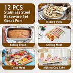P&P CHEF Stainless Steel Bakeware Set, 12-Piece Kitchen Baking Pans Set, Baking Sheet with Rack, Square Cake Pan with Lid, Lasagna Pan, Loaf Pan, Muffin Pan, Pizza Tray & 2 Covers, Easily Clean