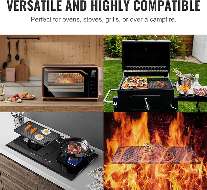 VEVOR Reversible Grill/Griddle, 9.7"x16.7" Pre-Seasoned Cast Iron Griddle, Rectangular Double Burner Griddle Pan, Non-Stick Family Pan Cookware with Handles, Flat Top Plate for BBQ, Gas Grill, Black