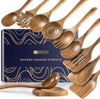 Wooden Spoons for Cooking, Nonstick Cooking Utensil Set with 10 Piece Acacia Wooden Spatulas and Spoons, as well as a Extra Whole Wood Spoon Rest, Terrific for Everyday Kitchen Tasks